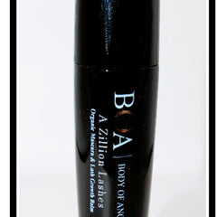 Mascara tube, black with white text, "BOA A Zillion Lashes" visible on the bottle.