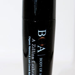Mascara tube, black glossy finish, white text "BOA A Zillion Lashes" on tube