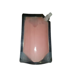Pink liquid in a clear plastic pouch with a white spout, sealed edges, and a silver border