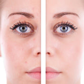 Face makeup comparison showing skin texture, before and after application, split image