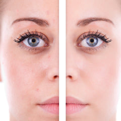 Face makeup comparison showing skin texture, before and after application, split image