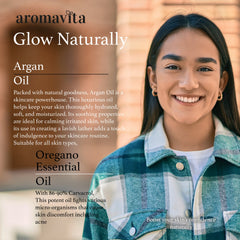 Woman smiling in plaid shirt with aromavita text, promoting skincare products