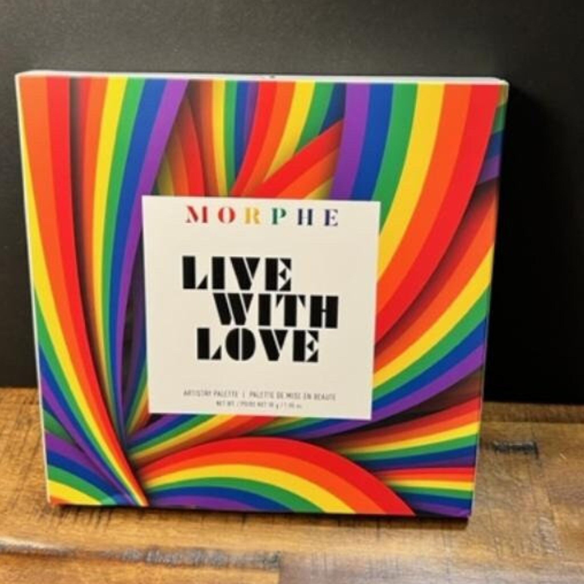 Eye shadow palette with rainbow wave pattern and Morphe branding on box