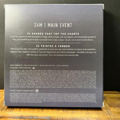 Eyeshadow palette with gray box, white text, and "24M | MAIN EVENT" branding