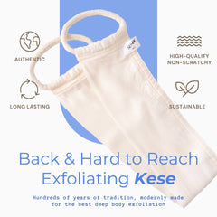 Exfoliating Kese in off-white fabric with rope handle, SENDE brand tag, for body exfoliation