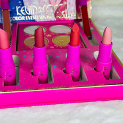 Lipstick set with pink, red, and nude lipsticks in a bright pink case with "Lipstix" logo