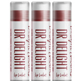 Lip balm tubes with white and red label, clear cap, and "Dr Delight" text