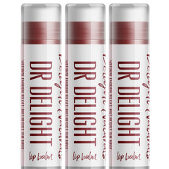 Lip balm tubes with white and red label, clear cap, and "Dr Delight" text