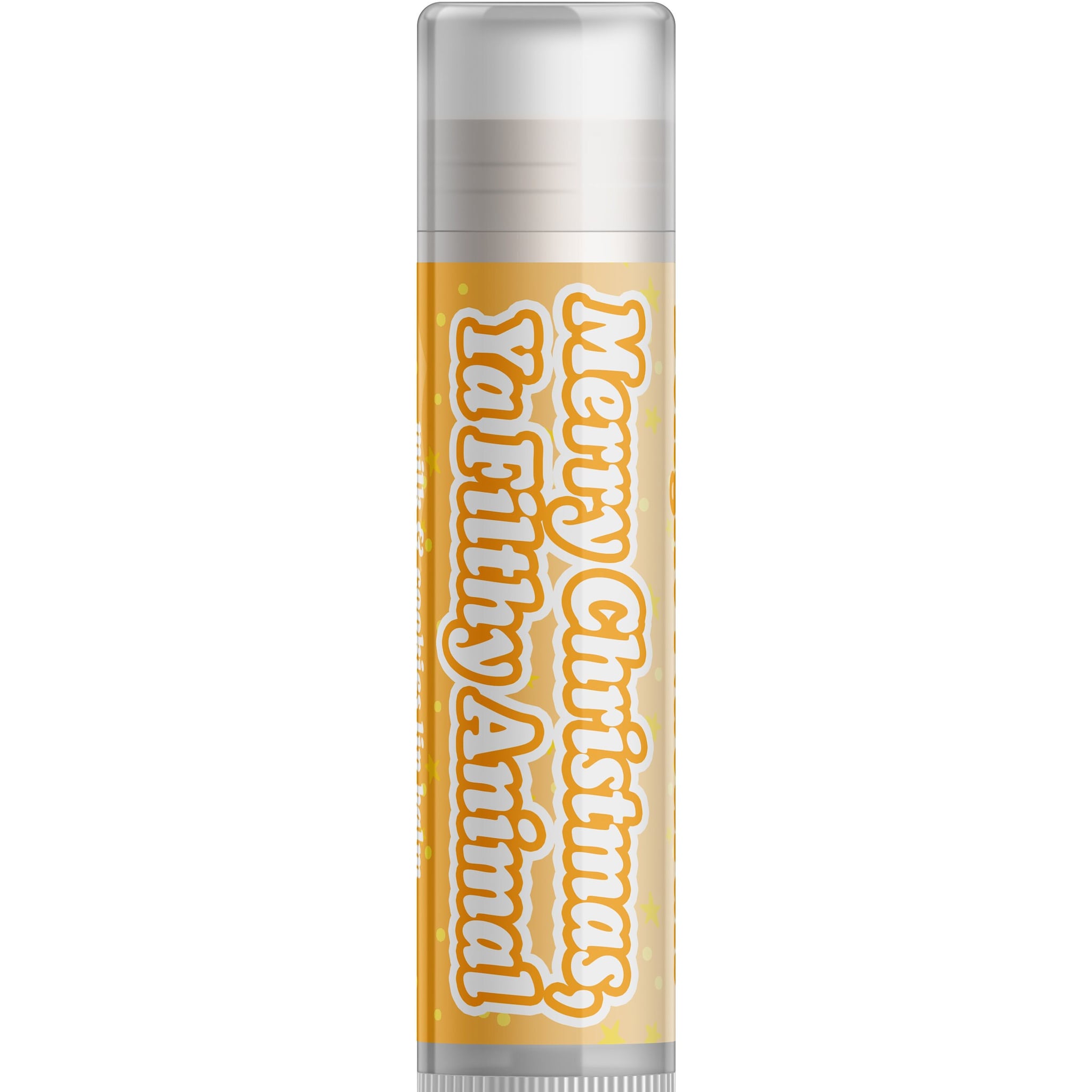 Lip balm tube with white and yellow label, "Merry Christmas Ya Filthy Animal" text, Delight Naturals brand