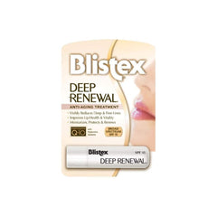 Lip balm tube with white and tan packaging, Blistex Deep Renewal text, and SPF 15 label