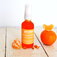 Side view of amber glass serum bottle with dropper, showcasing golden vitamin C liquid inside against natural light
