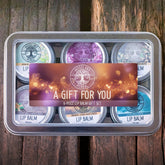 Lip balm gift set in silver tin with Woodland Herbal branding, six lip balms visible