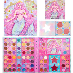 Eye makeup palette with pink, purple, and brown eyeshadows, Kevin & Coco brand, mermaid illustration on cover