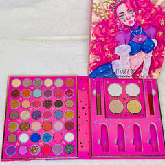 Eyeshadow makeup set with pink and gold glitter, pink packaging, and Kelvin & Coco branding