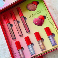 Close-up of Bells Makeup Eye Shadow Set showing vibrant matte and shimmer shades in a sleek black compact