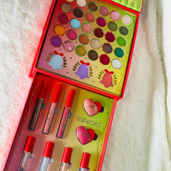 Side view of Bells Makeup Eye Shadow Set showcasing vibrant matte and shimmer shades in sleek rectangular palette