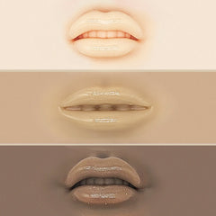 Lip gloss swatches in beige, nude, and brown tones, glossy finish, close-up view