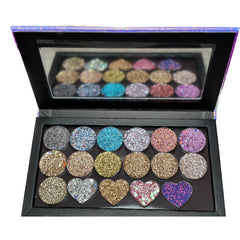 Square palette with 18 vibrant pressed glitter eye shadow pans arranged in three rows, showcasing rainbow colors