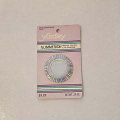 Eye makeup Yardley Glimmerick in Little Boy Blue, on pink card with striped accents and text