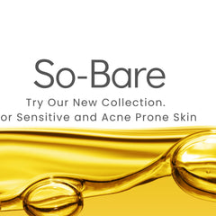 So-Bare logo with yellow liquid background and white text promoting collection for sensitive skin