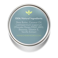Natural ingredients label with teal background, silver rim, and white text HONEOYEREMEDIES.COM