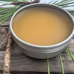 Close-up of amber glass jar with Canadian Pine Salve, showcasing wildcrafted texture against mountain backdrop