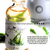 Toner bottle with Joyce Marie Skincare label, amber liquid, and glass bottle