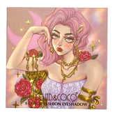 Eye makeup palette with illustration, pink and gold accents, KEVIN & COCO brand text