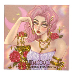 Eye makeup palette with illustration, pink and gold accents, KEVIN & COCO brand text