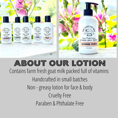 Goat milk lotion bottles, white bottles with black caps, One Blessed Acre Farm branding, various scents displayed