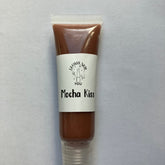 Lip gloss tube with brown gloss, white label, and clear plastic cap, Glossy New You Mocha Kiss