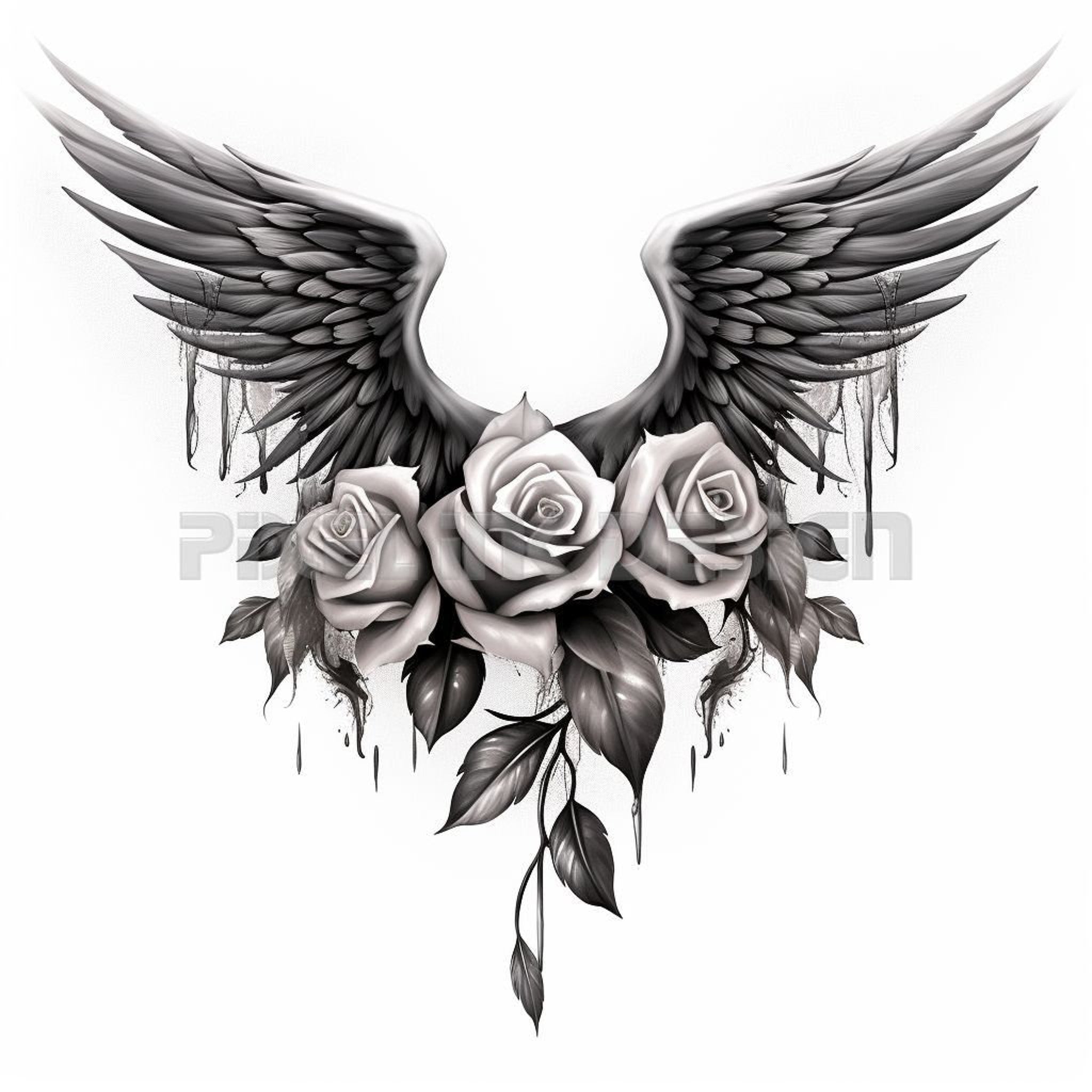 High-resolution PNG/SVG file of delicate roses and wings tattoo stencil for skin-safe temporary application