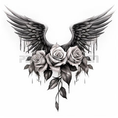High-resolution PNG/SVG file of delicate roses and wings tattoo stencil for skin-safe temporary application
