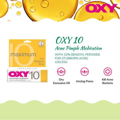 Close-up of Oxy 10 acne treatment tube with 10% benzoyl peroxide formula visible through white packaging
