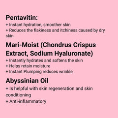 Skincare ingredients list on pink background with black text, for skin hydration and conditioning