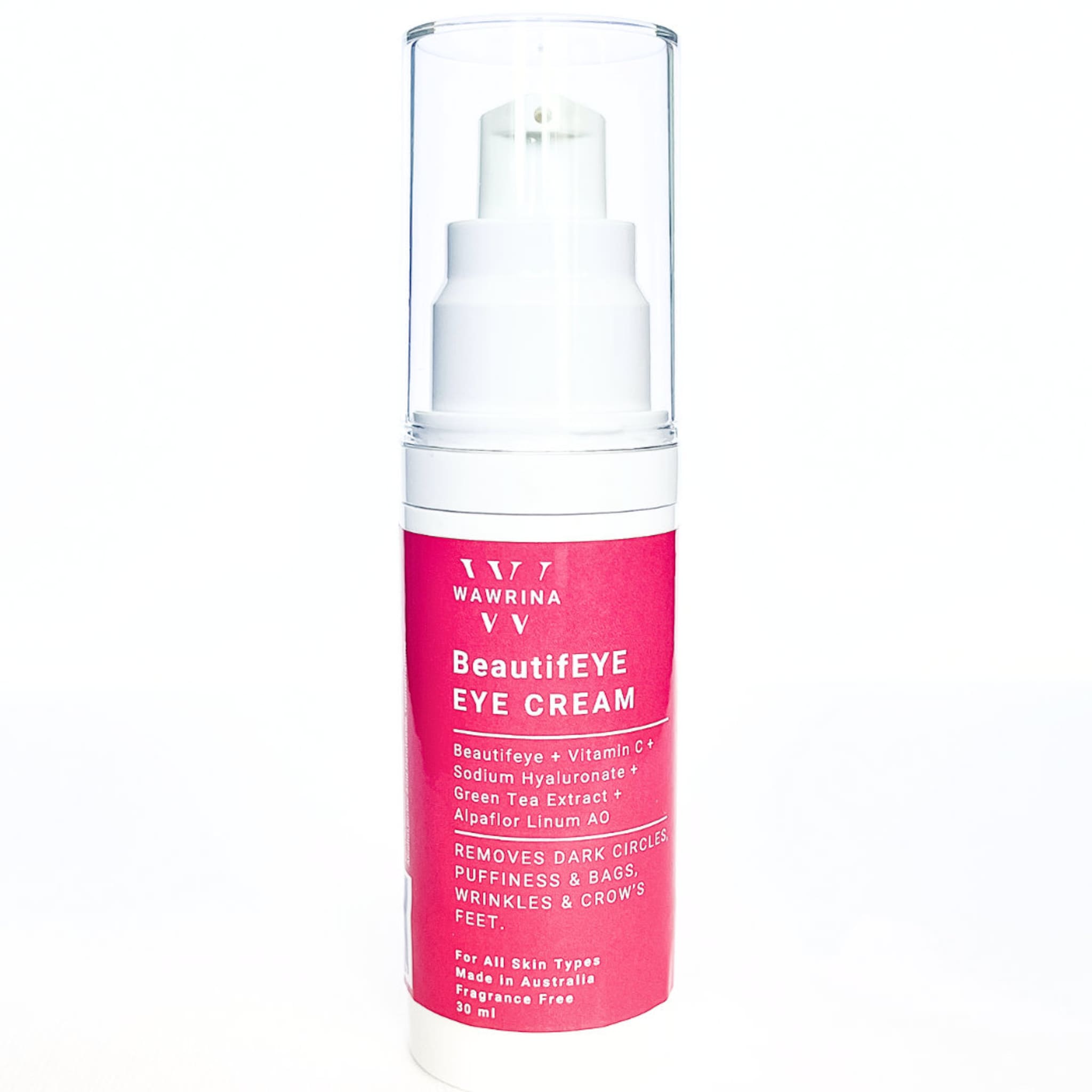 Eye cream bottle with white and pink label, clear plastic cap, BeautifEYE brand visible