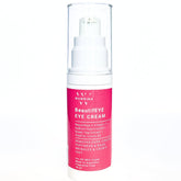 Eye cream bottle with white and pink label, clear plastic cap, BeautifEYE brand visible