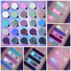 Eyeshadow palette with multiple colors, glitter, and swatches on skin