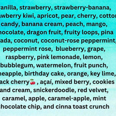 Text list on blue background, black font, various flavor names.