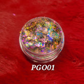 Close-up of Flakes Eye Shadow in shade PGO01, showcasing its shimmering powder texture and compact case design