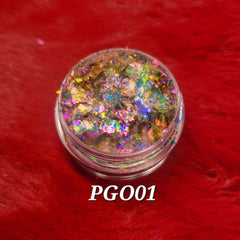 Close-up of Flakes Eye Shadow in shade PGO01, showcasing its shimmering powder texture and compact case design