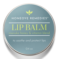 Lip balm in round metal tin with blue background and Honeoye Remedies text