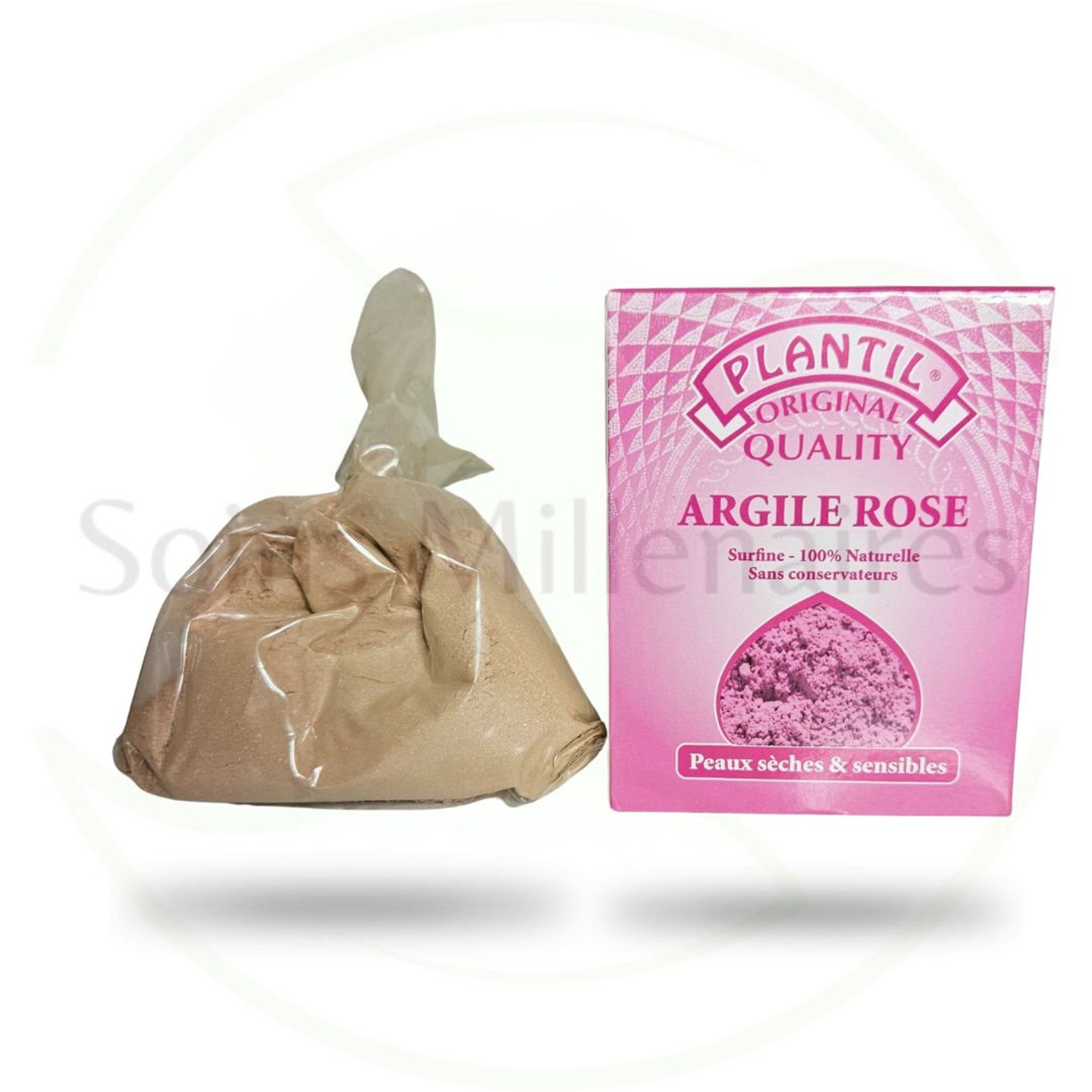 Pink clay powder in a clear plastic bag and pink box, PLANTIL brand