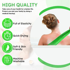 Green mesh bath scrub used by person in a bathtub, for washing body