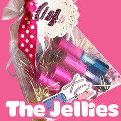 Kids lipgloss gift set with pink and white polka dot ribbon and clear mesh bag, The Jellies brand