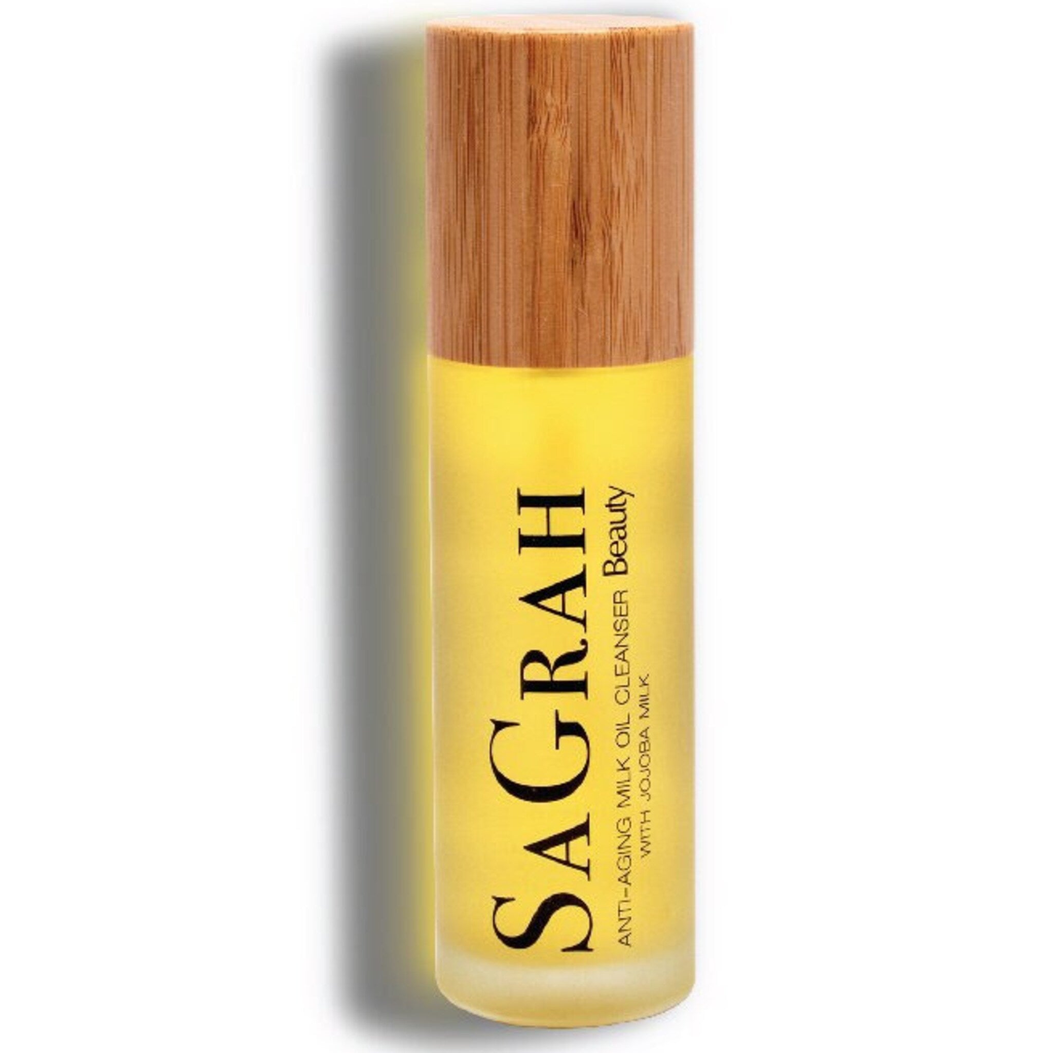 Facial Cleanser bottle with yellow liquid, wooden cap, and SaGrah Beauty text