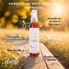 Chamomile Hydrolate bottle, clear glass, brown liquid, with garna branding and white label