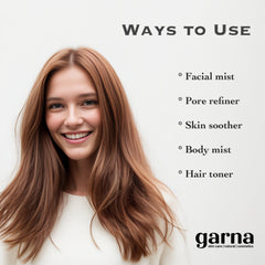 Woman with long brown hair, wearing a white top, with garna skin care text and ways to use text