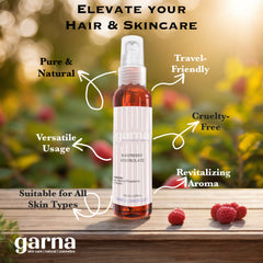 Raspberry Hydrolate bottle, clear glass, red liquid, white pump, garna brand