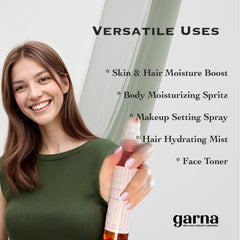 Spray bottle held by woman, pink and white bottle, green top, garna brand logo